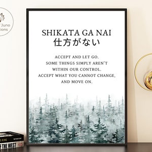 以下が含まれることがあります： 森の風景と「仕方がない」という言葉が書かれた水彩画のプリント。「仕方がない」は「どうしようもない」という意味です。画像の下のテキストには、「受け入れて手放しましょう。 いくつかのことは、単に私たちの管理下にありません。 変えられないことを受け入れ、前に進みましょう。」と書いてあります。