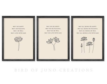 Metta Prayer Print, Printable Loving Kindness Meditation Set of 3 Wall Art, Buddhism Poster, Calming Bedroom Wall Decor