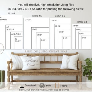 May include: A digital download of printable art prints in various sizes and aspect ratios, including 2:3, 3:4, 4:5, and A4. The image shows a mock-up of the prints displayed on a wall above a wooden bench with pillows. The text "welcome home" is printed on one of the pillows.