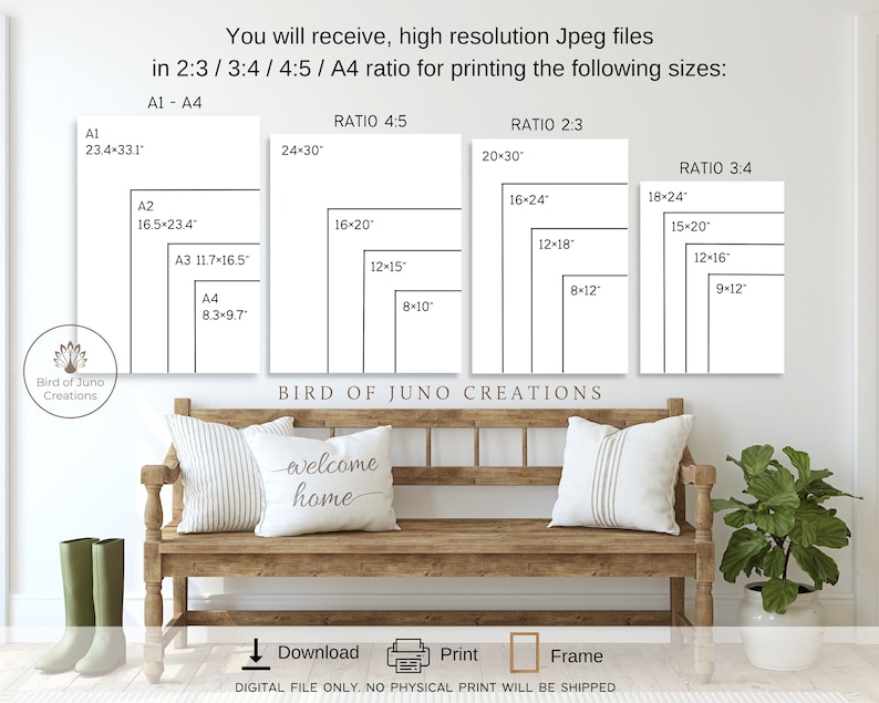 May include: A digital download of printable art prints in various sizes and aspect ratios, including 2:3, 3:4, 4:5, and A4. The image shows a mock-up of the prints displayed on a wall above a wooden bench with pillows. The text "welcome home" is printed on one of the pillows.