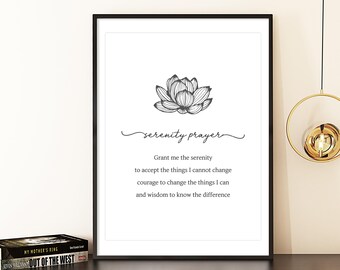 Serenity Prayer Printable Wall Art, Lotus Flower Spiritual Print, Wall Decor, Digital Download