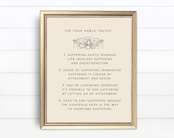 May include: A printable poster with a gold frame and a beige background. The poster features a black and white illustration of a lotus flower and text that reads "The Four Noble Truths" and lists the four noble truths of Buddhism.