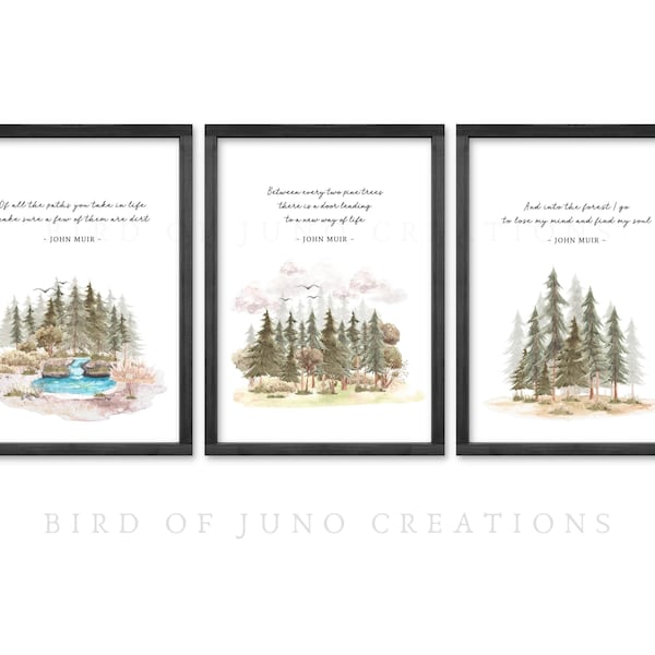 John Muir Quote Printable Wall Art, Set of 3 Gallery Wall, Watercolor Forest Illustration Decor, Printable JMT Poster