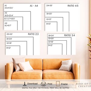 May include: A digital art print size guide displays various aspect ratios and dimensions in inches. The guide includes sizes like 24x30 inches, 16x20 inches, and 12x18 inches. The text on the image indicates that only digital files are available, and no physical prints will be shipped.
