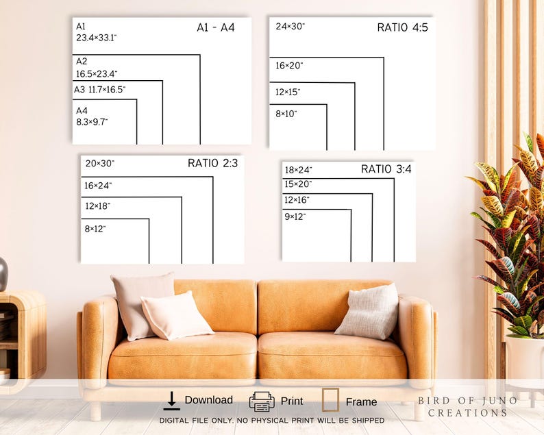 May include: A digital art print size guide displays various aspect ratios and dimensions in inches. The guide includes sizes like 24x30 inches, 16x20 inches, and 12x18 inches. The text on the image indicates that only digital files are available, and no physical prints will be shipped.