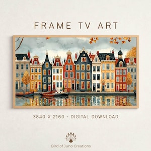 Puede incluir: Pintura a la acuarela de un paisaje urbano europeo con edificios coloridos que bordean un canal. La obra de arte, enmarcada en madera clara, presenta barcos, reflejos en el agua y el texto "FRAME TV ART".