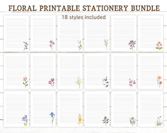 Floral Writing Paper, Bundle of 18 Printable Spring Stationery Watercolor Flowers Print, Instant Digital Download