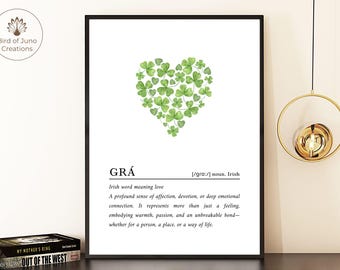 Impresión irlandesa, definición de amor "Gra", decoración de pared imprimible, hogar gaélico, póster de casa celta