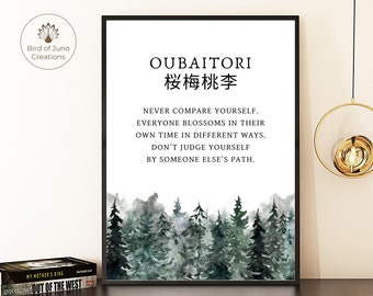 Oubaito Definition Print, Japanese Word printable, Japandi Wall Art, Watercolor Forest