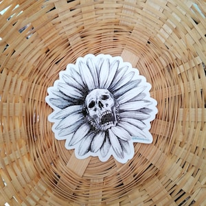 Madeliefjebloem met schedelsticker, waterdicht zelfklevend vinyl