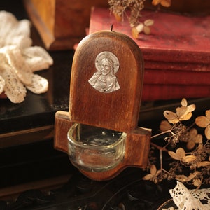 Antique French holy water font, wood and glass