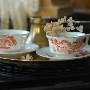 Set of 2 Japanese tiny antique hand painted demitasse coffee cups, EMS porcelain coffee espresso set for 2