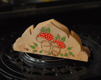 Vintage European wooden napkin holder with mushrooms