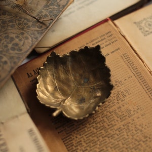 Könnte beinhalten: Eine goldene Schale in Blattform liegt auf einem geöffneten Buch mit alten, vergilbten Seiten. Das Buch enthält Text in einer Fremdsprache.