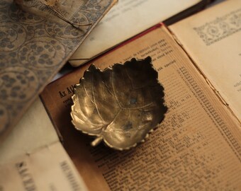 Tiny vintage French solid brass leaf shaped ring dish, jewelry dish, trinket bowl, photo flatlay prop leaf