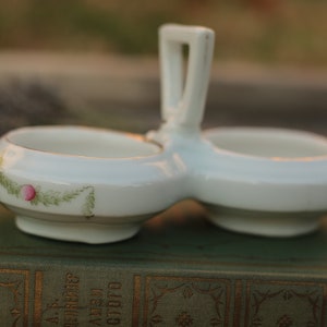 Art nouveau hand-painted open salt and pepper cellar, European vintage ceramic salt cellar cottagecore with garland