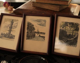 Set van 3 vintage handgekleurde lithografieafdrukken van Sint-Petersburg, vintage kunst uit de jaren 60