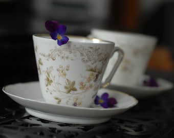 Set of 2 antique European Art Nouveau hand-painted cottagecore teacups with saucers