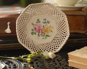 Stunning European octagonal shape lattice style ceramic fruit bowl with beautiful cottage style bouquet print.