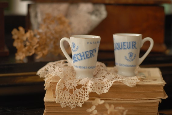 Set of 4 Vintage Porcelain Becher Liqueur Carlsbad Porcelain Miniature Mug Shot Glasses From the 1950s, Advertising Cups