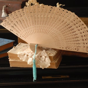 Vintage Delicately Carved Wooden Folding Hand Fan Wedding Fan with Paper Box