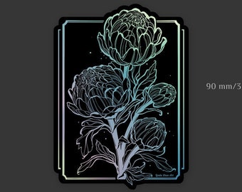 May include: Holographic sticker featuring a black and white line drawing of a flower with five blooms. The sticker is 3.5 inches tall and 2.55 inches wide. The sticker has a holographic finish that shifts colors in the light.