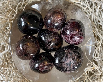 May include: Seven tumbled stones in a white bowl. The stones are a mix of black and dark red with a sparkly, iridescent finish.