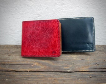 Handmade mens bifold leather wallet  Blue / Red