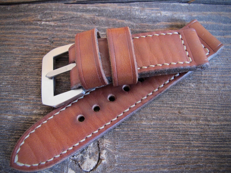 Handmade Cuoio II vintage style brown 28mm 27mm 26mm 24mm 22mm leather watch strap fits VDB Panerai Radiomir Luminor. image 3