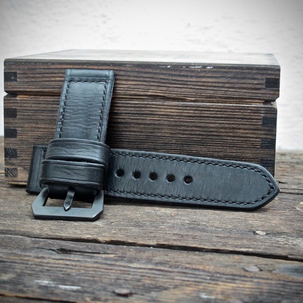 Handmade "Nero" vintage style distressed black 28mm 27mm 26mm 24mm 22mm Italian leather watch strap band fits Panerai VDB Pam.