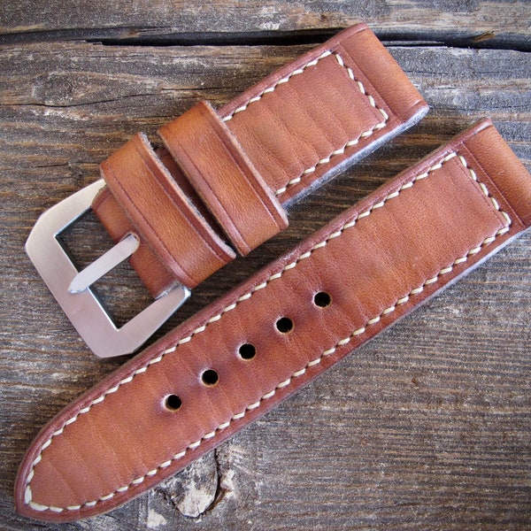 Handmade "Cuoio II" vintage style brown 28mm 27mm 26mm 24mm 22mm leather watch strap fits VDB Panerai Radiomir Luminor.