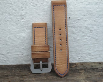 Handmade "N3 blue" vintage style distressed natural tan 28mm 27mm 26mm 24mm 22mm leather watch strap band fits Panerai Pam VDB.