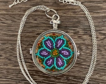 Floral Beaded Birch Bark Pendant Necklace