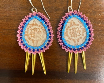 Beaded Bitten Birch Bark Earrings (pink)