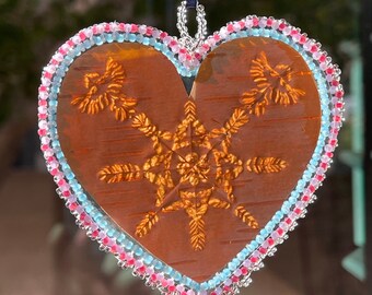Beaded Bitten Birch Bark Window Hanging