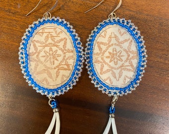 Beaded Bitten Birch Bark Earrings with detachable dentalium shell tassels