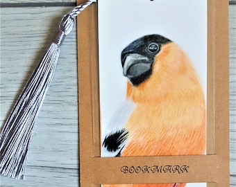 Bullfinch Art Bookmark, Bird Lover Gift with Tassel