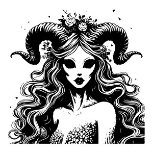 Puede incluir: Ilustración en blanco y negro de una mujer con cuernos y una corona floral. Tiene el pelo largo y fluido y una cola de sirena.