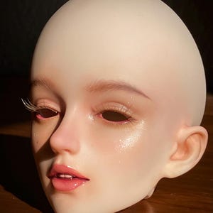 Può includere: Una testa di bambola con incarnato pallido, ornata da ombretto rosa, lunghe ciglia e labbra rosa lucide. Il viso è dipinto con precisione, con dettagli realistici e sfumature sottili. La testa è liscia e senza capelli.