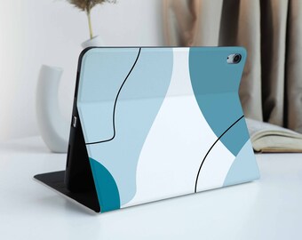 Ombre Blue Line iPad Case with Apple Pencil Holder, For iPad 9 Mini 6 iPad Pro 2022, iPad Air 4/5th Pro 11 12.9 2020/21