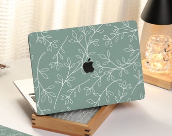 Morandi Green Leaf Line MacBook Shell Case Decal Cover For New MacBook M1 Pro 14 M1 Air 13 A2338, A2337 Macbook Pro 15 16 Case, Apple Laptop