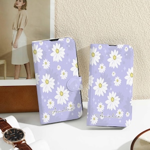 Sea of Purple Daisies Personalised Flip iphone Case, Custom Wallet for iPhone 15 14 13 12 11 8 XS SE, iphone Case white Card Holder