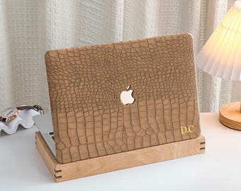 Crocodile Print Latte Brown Personalisation Leather MacBook Case, Cover For MacBook M3 Pro 14 M3 Air 13 A3113, A2338, A2337 Case