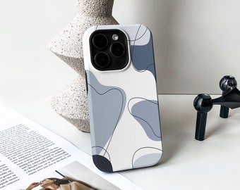 Può includere: Una custodia per telefono bianca con un motivo astratto blu. La custodia ha un rialzo per la fotocamera rialzato con tre obiettivi neri.