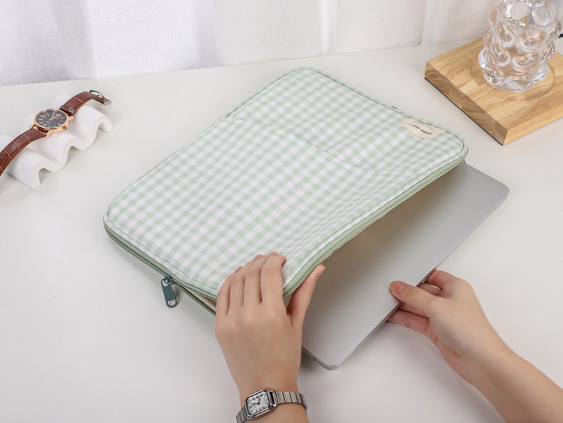 Laptop Bag, Green and White Checkerboard Laptop Bag, MacBook Sleeve, Initial Letter Customization, Laptop Sleeve Bag 11 inch 13 inch image 2