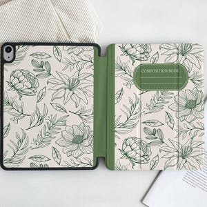 Green Flower Notebook Personalized iPad Case with Apple Pencil Holder, For iPad 10 Mini 6/7 iPad Pro 2024, iPad Air 4/5/6th iPad Air 2025
