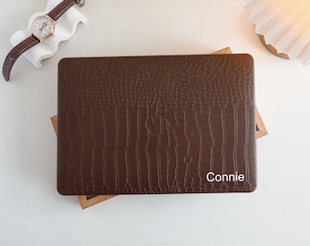 Dark Brown Crocodile Print Personalisation Leather MacBook Case, Cover For MacBook M3 Pro 14 M3 Air 13 A3113, A2338, A2337 Pro 15 16 Case