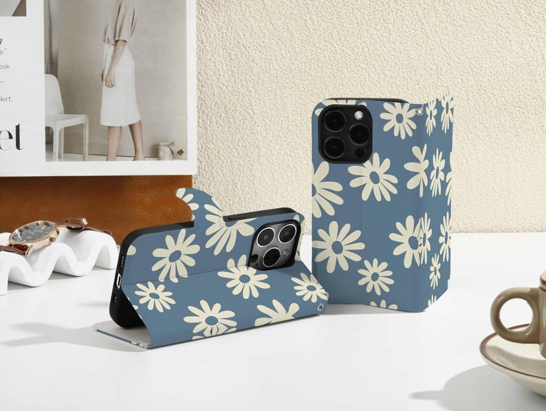 Little Blue Daisy Personalised Flip iPhone Case, Custom Wallet for