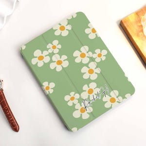 Green Flower Personalized iPad Case with Apple Pencil Holder, For iPad 9 Mini 6 iPad Pro 2022, iPad Air 4/5th Pro 11 12.9 2020/21