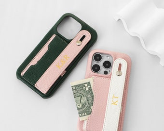 Personalized Leather iPhone Case, Lychee Print Card Case Wristlet Leather iPhone Case, Leather iphone Case for iphone17 16 15 14 13 12 Pro